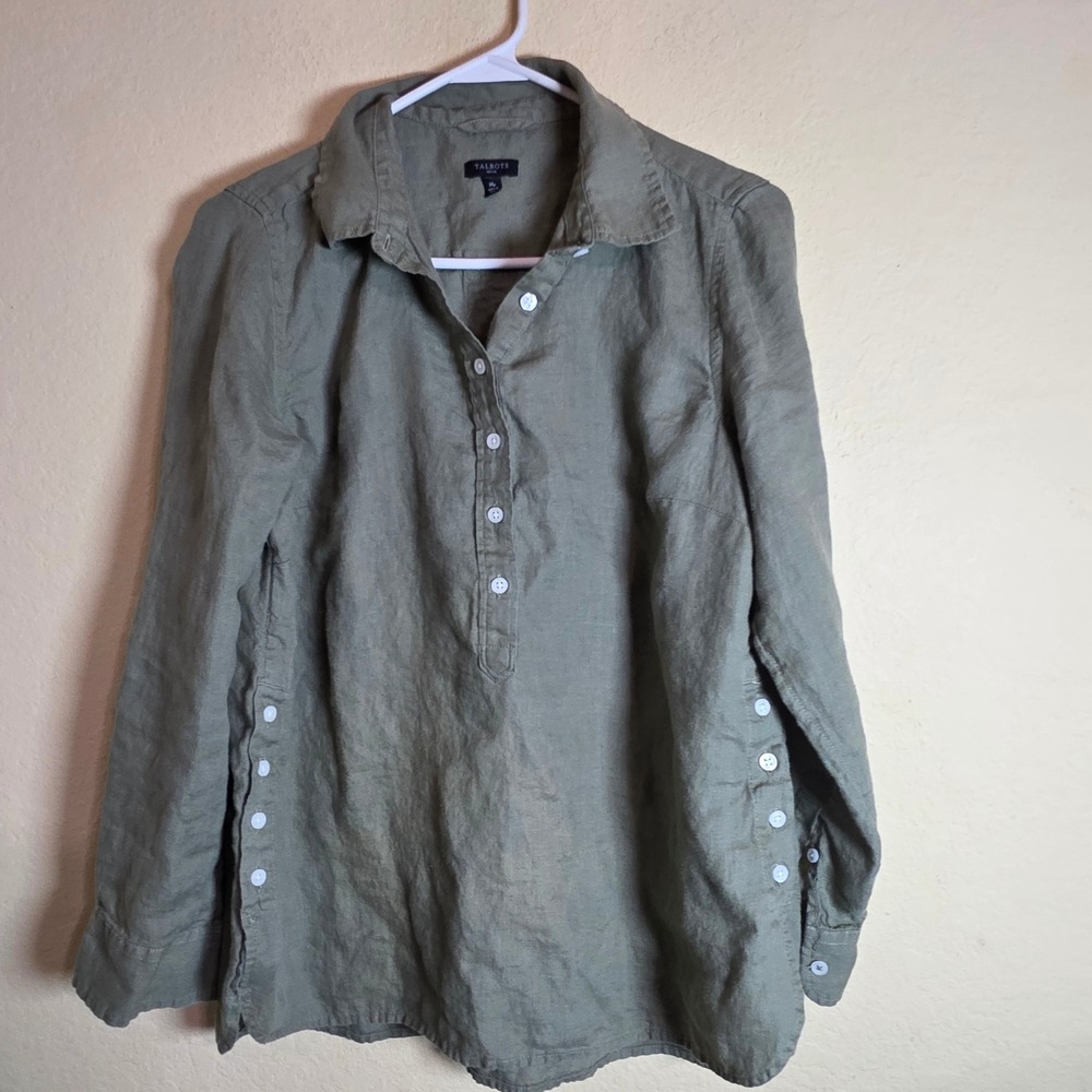 Talbots Petite Womens Henley tunic Olive Green 100% Linen Side Button op Size MP